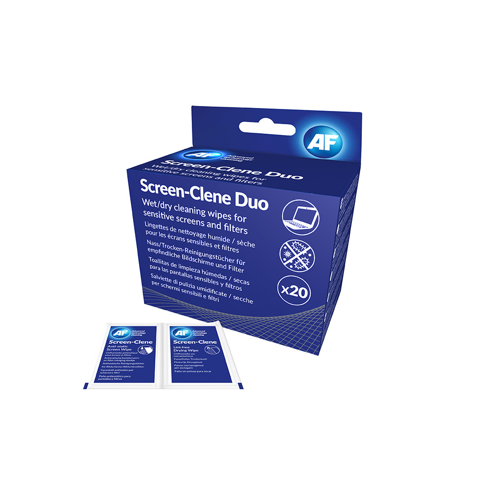 Rengöringsservetter AF SCREEN CLENE DUO DRY & WET 20 par Rengöringsservetter AF SCREEN CLENE DUO DRY & WET 20 par