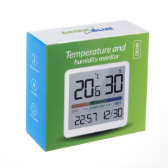 Termometer/fuktighetsmätare med klock- och datumfunktion, GreenBlue, CR2032-batteri, temperaturområde -9,9 °C till +60 °C., GB38
