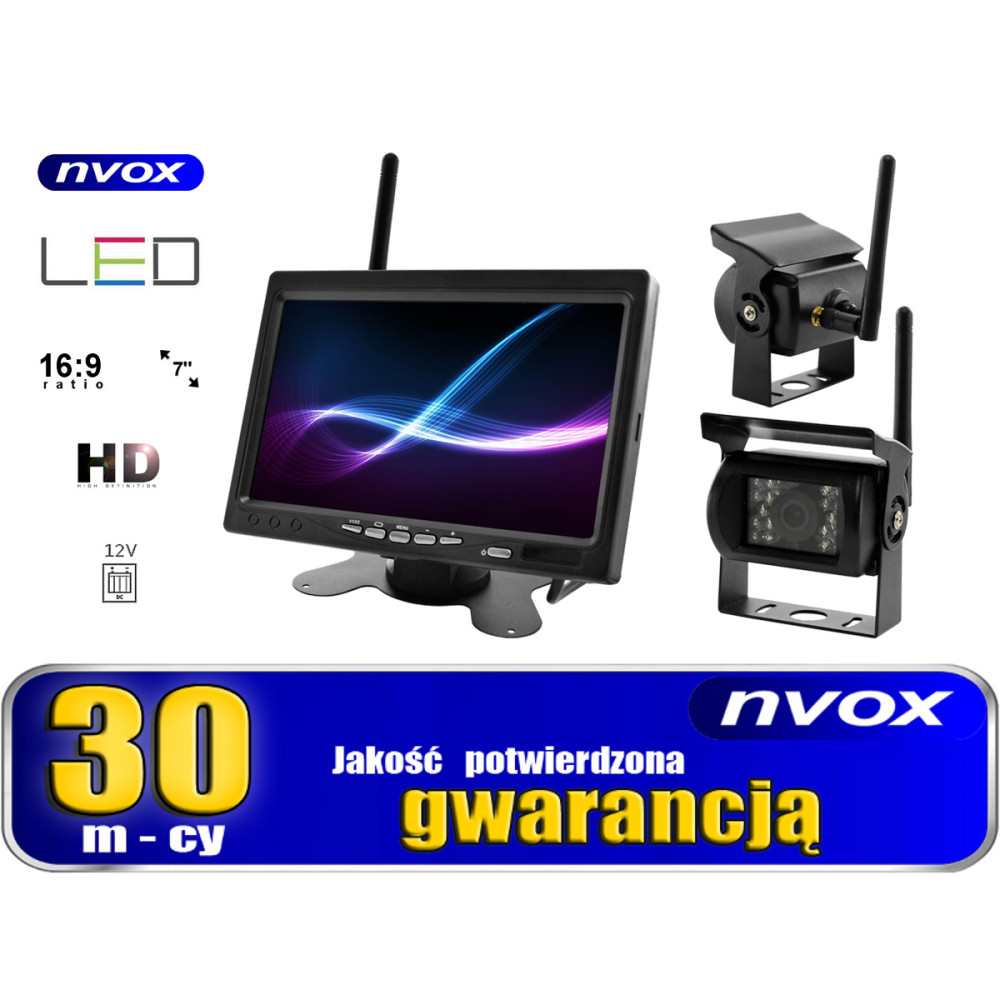 Biluppsättning med en 7-tums LCD-bilskärm för 12V och 24V samt 2 trådlösa kameror. Biluppsättning med en 7-tums LCD-bilskärm för 12V och 24V samt 2 trådlösa kameror.