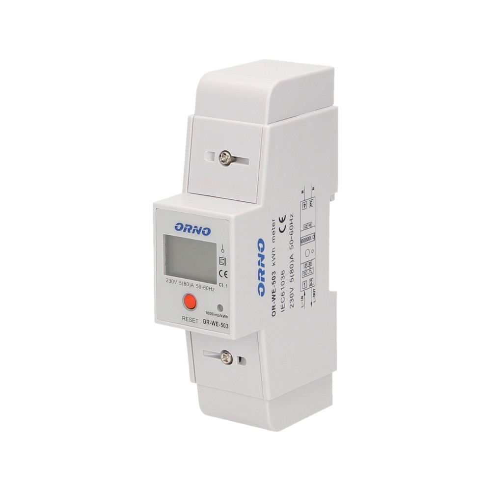 1-fazowy wskaźnik zużycia energii elektrycznej, 80A, dodatkowy wskaźnik, wyjście impulsowe, przycisk RESET, 2 moduły, DIN TH-35m