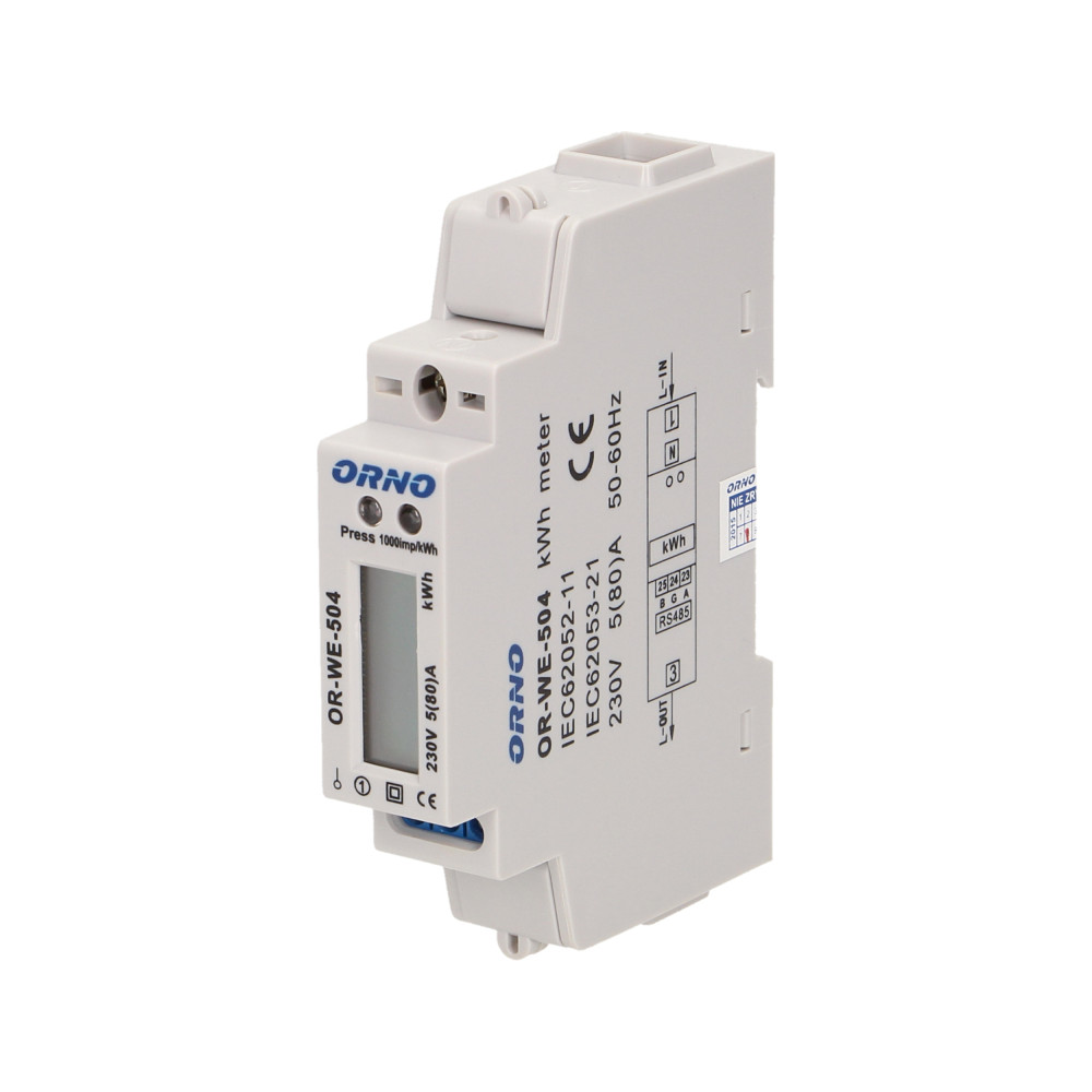 Enfasig elförbrukningsmätare, 80A, RS-485-port, 1 modul, DIN TH-35mm Enfasig elförbrukningsmätare, 80A, RS-485-port, 1 modul, DIN TH-35mm