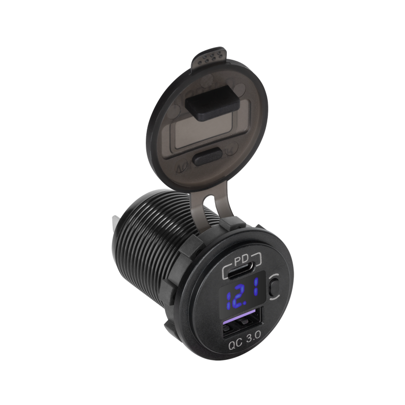 Biladdare för bil med USB+USB typ C med Quick Charge, Power Delivery och spänningsmätare 48W