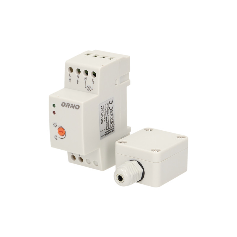 Skymningssensor för DIN-skena med hermetisk yttre sond i burk, 2-100 LUX.