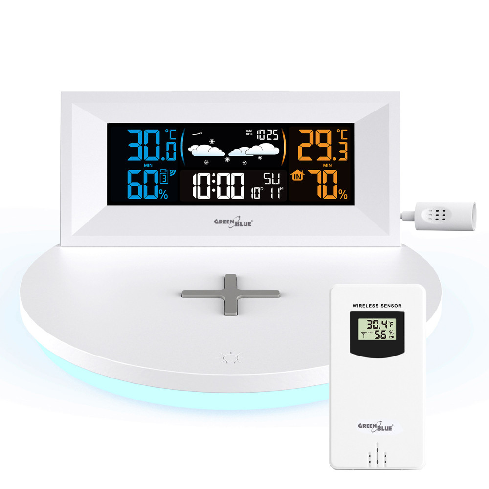 Trådlös väderstation med trådlös/induktiv laddare från GreenBlue, klocka, alarm, kalender, extern sensor, GB213.