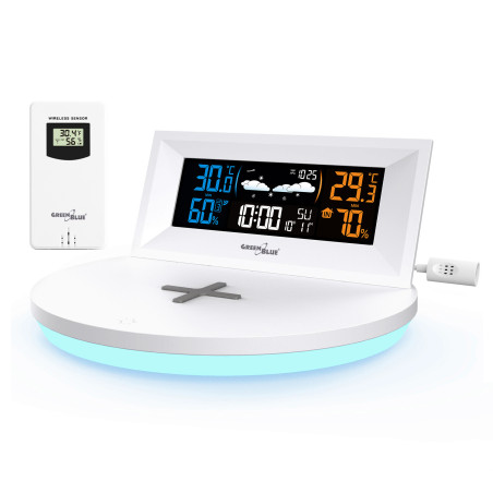 Trådlös väderstation med trådlös/induktiv laddare från GreenBlue, klocka, alarm, kalender, extern sensor, GB213.