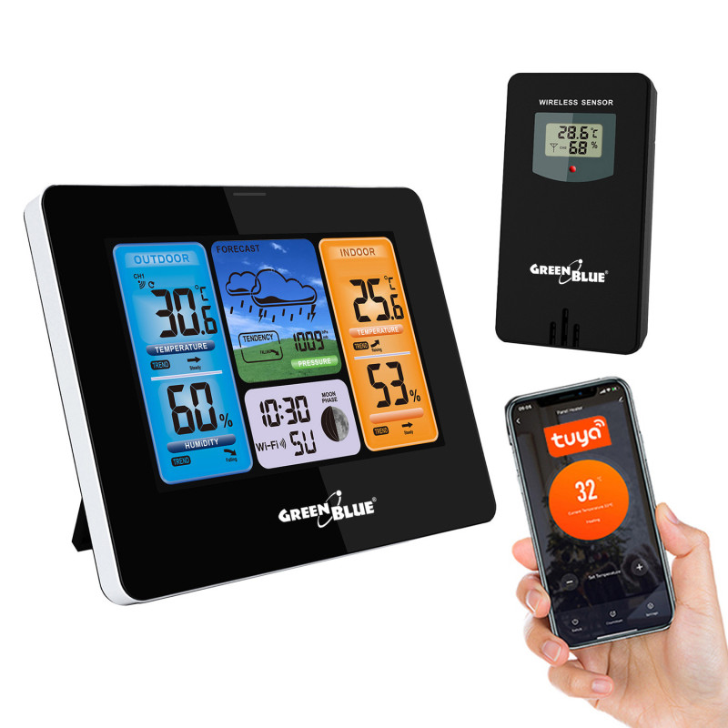 Väderstationen WiFi GreenBlue, kompatibel med TUYA, extern sensor, kalender, väderprognos, barometer, GB215.