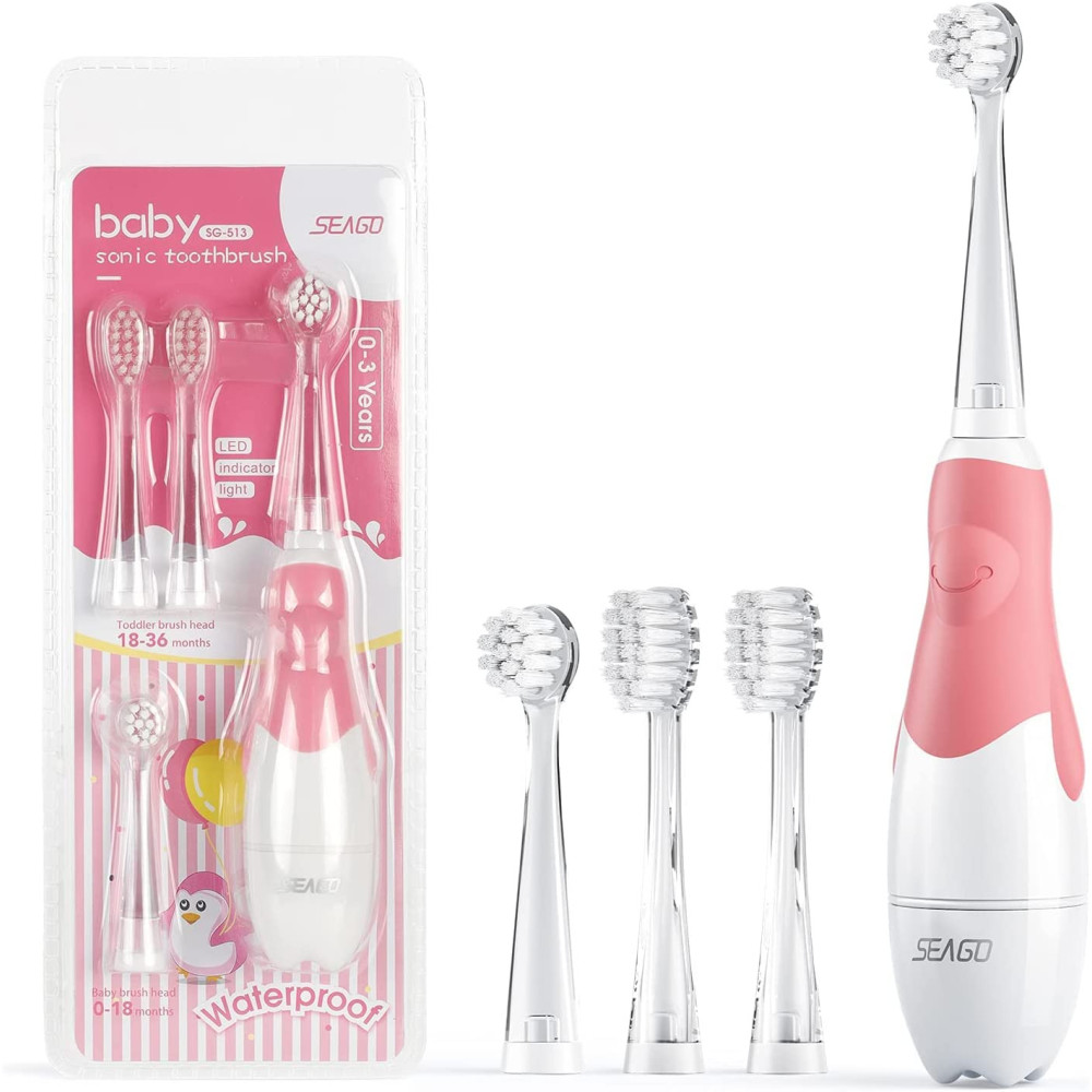 Sonic tandborste för barn SEAGO, rosa färg, 1xAAA 1,5V (batteri ingår ej), 4 borsthuvuden, SG-513 Pink