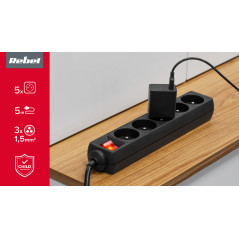 Nätadapter förlängningskabel Rebel svart 5 uttag med strömbrytare, kabel 5m (1,5mm)