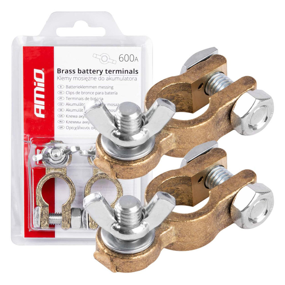 Kopplingsklämmor för batteri, mässing, fjäril, 600A, 2 st, blisterförpackning, amio-02956. Kopplingsklämmor för batteri, mässing, fjäril, 600A, 2 st, blisterförpackning, amio-02956.