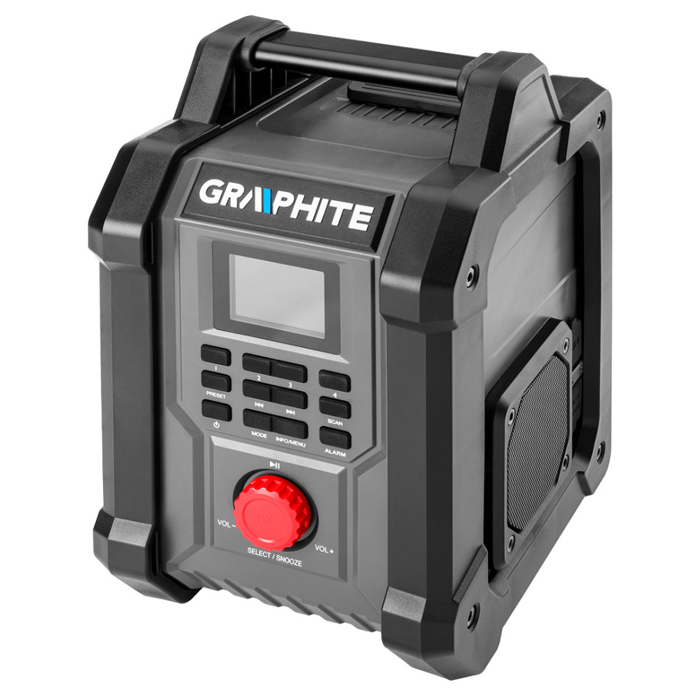 Byggdagsradio med batteri- och nätströmsdrift Graphite Energy+ 18V utan batteri. Byggdagsradio med batteri- och nätströmsdrift Graphite Energy+ 18V utan batteri.
