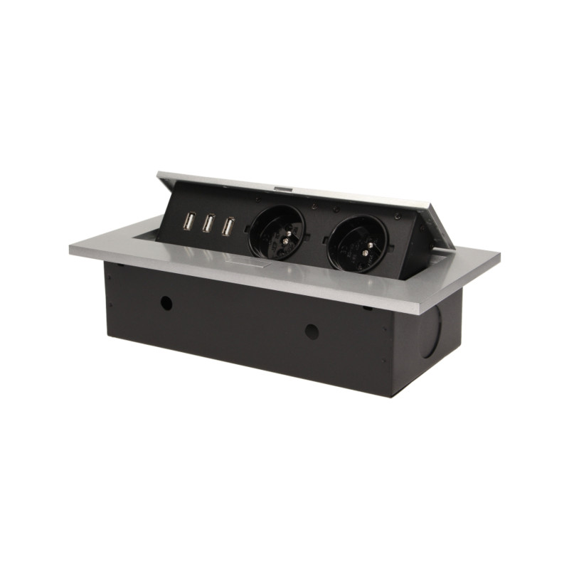 Möbeluttag infällt i bordsskivan med tjock kant, 2x2P+Z, 3 USB-portar, silver