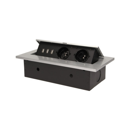 Möbeluttag infällt i bordsskivan med tjock kant, 2x2P+Z, 3 USB-portar, silver