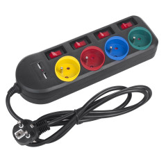 Strömförsörjningslist Maclean, förlängningssladd med 4 uttag + 2xUSB, med strömbrytare, 250VAC/10A, 2.1A 5V, 1.5m, svart, MCE229