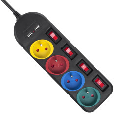 Strömförsörjningslist Maclean, förlängningssladd med 4 uttag + 2xUSB, med strömbrytare, 250VAC/10A, 2.1A 5V, 1.5m, svart, MCE229