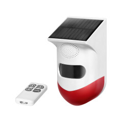 Larm med inbyggd siren och solcellsbatteri, styrd av fjärrkontroll via WiFi och TUYA.
