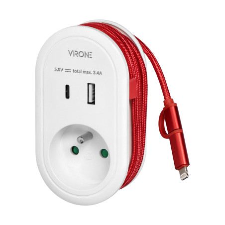 Adapter med USB-laddare och laddningskabel (typ C + Lightning), 1x2P+Z, 2xUSB (Typ A+C), max 3,4A