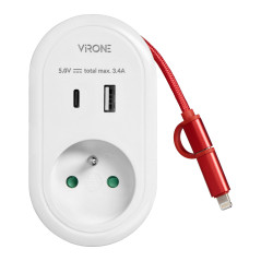 Adapter med USB-laddare och laddningskabel (typ C + Lightning), 1x2P+Z, 2xUSB (Typ A+C), max 3,4A | HandlaSmidigt.se