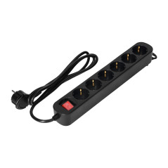 Förlängningskabel 6-vägs 2P+Z (Schuko), med strömbrytare, 1,5m H05VV-F 3x1,0mm2, Imax-10A, platt stickpropp, svart