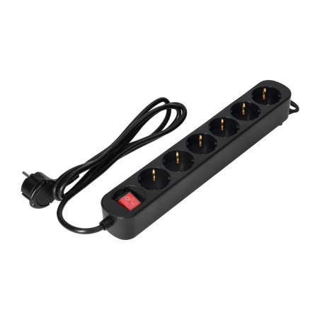 Förlängningssladd 6-vägs 2P+Z(Schuko), med strömbrytare, 3m H05VV-F 3x1,0mm2, Imax-10A, platt stickpropp, svart