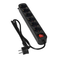 Przedłużacz 6-krotny 2P+Z(Schuko), z wyłącznikiem, 3m H05VV-F 3x1,0mm2, Imax-10A, płaska wtyczka, czarny