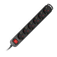 Förlängningssladd 6-vägs 2P+Z(Schuko), med strömbrytare, 3m H05VV-F 3x1,0mm2, Imax-10A, platt stickpropp, svart