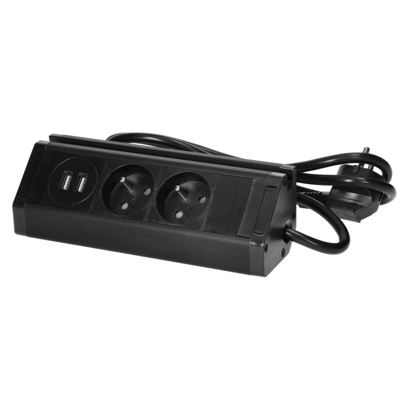 Dubbel eluttag med USB-laddare, telefonhållare och 1,5 m kabel, 2x2P+Z, 2xUSB (typ A, 2,4A), svart.