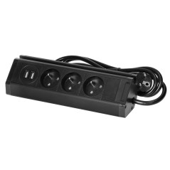 Trippeluttag för möbler med telefonhållare, USB-laddare och 1,5m kabel, 3x2P+Z, 2xUSB (typ A, 2,4A), svart