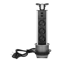 Möbeluttag med 8 cm utdragbart från bordet med USB-laddare och 1,8 m kabel, 3x2P+Z, 2xUSB.