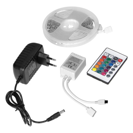 LED-bandset 12V 30L/m 100lm/m 7,2W/m IP20 RGB 5m + RGB-kontroll + 12V-strömförsörjning