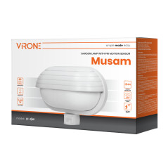 MUSAM, trädgårdsbelysning med rörelsesensor 180 grader, 1x15W, E27, IP44, med skärm, plast, vit | HandlaSmidigt.se