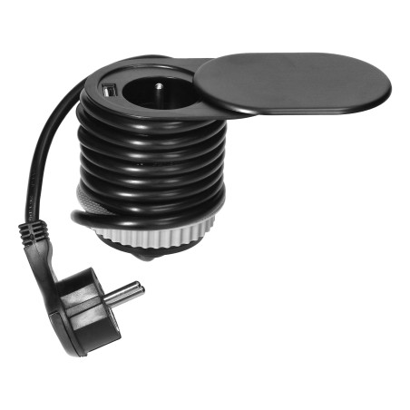 Möbeluttag, 6 cm, infällt i bordsskivan med skjutbar lock, USB-laddare och 1,9 m kabel, 1x2P+J, 1xUSB (2,4A), 3x1mm², svart.