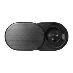 Möbeluttag, 6 cm, infällt i bordsskivan med skjutbar lock, USB-laddare och 1,9 m kabel, 1x2P+J, 1xUSB (2,4A), 3x1mm², svart. |…