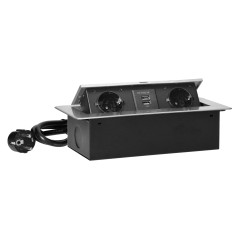 Möbeluttag infällt i bordsskiva med platt fräst kant, USB-laddare och 1,5 m kabel, 2x2P+Z (Schuko), 2xUSB, silverfärgade. |…