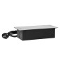 Möbeluttag infällt i bordsskiva med platt fräst kant, USB-laddare och 1,5 m kabel, 2x2P+Z (Schuko), 2xUSB, silverfärgade.