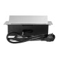 Möbeluttag infällt i bordsskiva med platt fräst kant, USB-laddare och 1,5 m kabel, 2x2P+Z (Schuko), 2xUSB, silverfärgade.