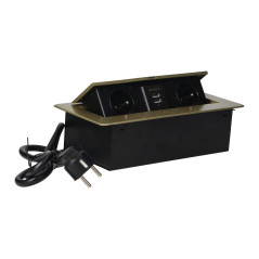 Möbeluttag infällt i bordsskivan med platt fräst kant, USB-laddare och 1,5 m kabel, 2x2P+Z, 2xUSB, mässingsfärg. |…
