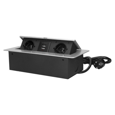Möbeluttag infällt i bänkskivan med platt fräst kant, USB-laddare och 3 m kabel, 2x2P+Z, 2xUSB, silver