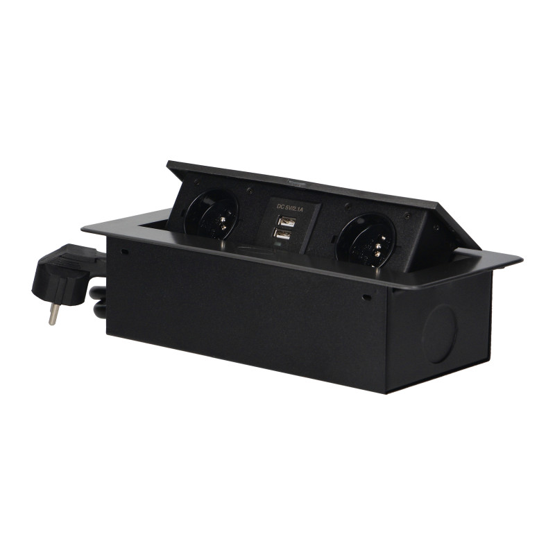 Möbeluttag infällt i bordsskiva med platt fräst kant, USB-laddare och 1,5 m kabel, 2x2P+Z, 2xUSB, grafitgrå