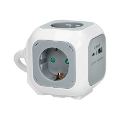 Förlängningskabel 4x2P+Z (Schuko), USB-laddare A+C, Quick charge, 1,4m H05VV-F 3x1,5mm², grå