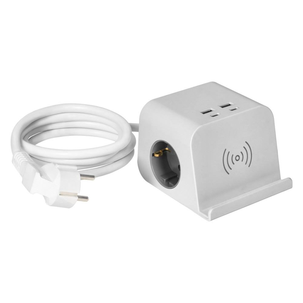 Strömförsörjningslist för skrivbord med USB-laddare, skruvklämma för montering och 1,4 m kabel, 2x2P+Z (Schuko), 4xUSB, vit. Strömförsörjningslist för skrivbord med USB-laddare, skruvklämma för montering och 1,4 m kabel, 2x2P+Z (Schuko), 4xUSB, vit.