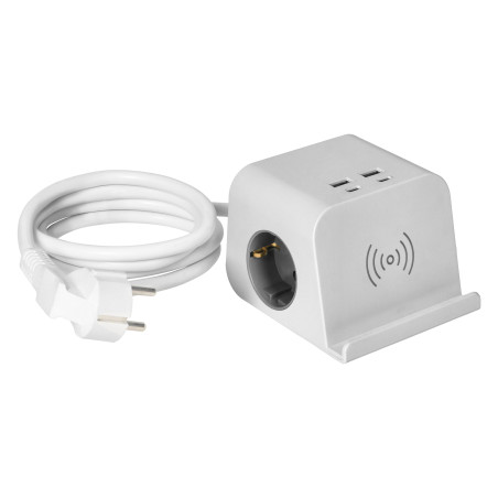 Strömförsörjningslist för skrivbord med USB-laddare, skruvklämma för montering och 1,4 m kabel, 2x2P+Z (Schuko), 4xUSB, vit.