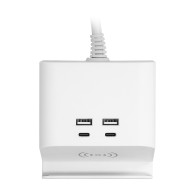 Strömförsörjningslist för skrivbord med USB-laddare, skruvklämma för montering och 1,4 m kabel, 2x2P+Z (Schuko), 4xUSB, vit.