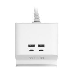 Strömförsörjningslist med skrivbordsmontering med USB-laddare, skruvklämma och 1,4 m kabel, 2x2P+Z, 4xUSB, vit