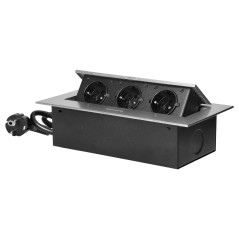 Infällt möbeluttag med platt kant för bänkskiva, 3 uttag 2P+Z (Schuko) och 1,5m kabel (3x1,5mm²), silverfärgad. |…