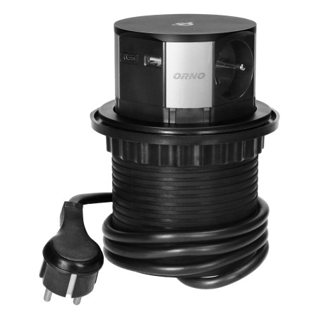 Möbeluttag med 10 cm utdragbart från bordet med trådlös laddning, USB-laddare och 1,5 m kabel, 3x2P+Z, Qi 1.2.4 max. 10W, USB…
