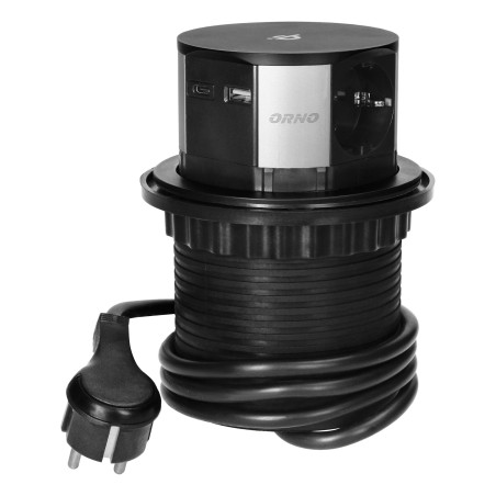 Möbeluttag med 10 cm utdragbart från bordet med trådlös laddning, USB-laddare och 1,5 m kabel, 3x2P+Z (Schuko), Qi 1.2.4 max. 10