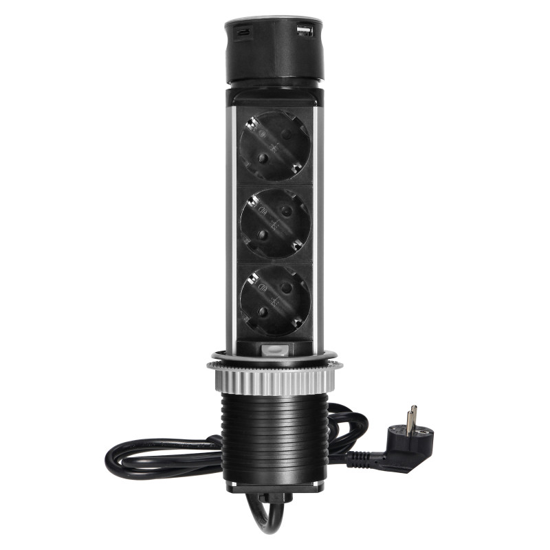 Infällt möbeluttag med 6 cm med USB-laddare och 1,5 m kabel, 3x2P+Z (Schuko), 2xUSB (typ A och typ C), INOX