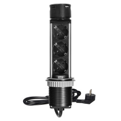 Infällt möbeluttag med 6 cm med USB-laddare och 1,5 m kabel, 3x2P+Z (Schuko), 2xUSB (typ A och typ C), INOX