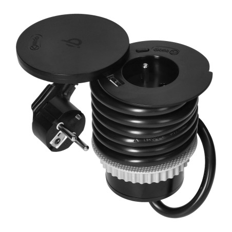 Möbeluttag med roterande lock, trådlös induktionsladdare, USB-laddare och 1,5 m kabel, 1x2P+Z, Qi 1.2.4 max. 10W, 2xUSB.