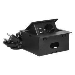 Infällt möbeluttag med USB-laddare och 1,5 m kabel, 1x2P+Z Schuko, 2xUSB (typ A, 2,1A), plan fräst kant, svart. |…